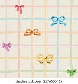 Hand-drawn seamless pattern of colorful bows on a light background with a plaid line design. Features shades of pink, red, orange, green, yellow, and blue. Playful and charming design.