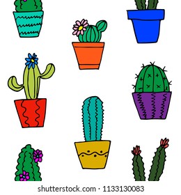 Hand-drawn seamless pattern of colorful cactus pots doodles. Vector texture.
