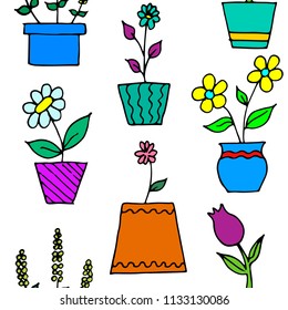 Hand-drawn seamless pattern of colorful flowers pots doodles. Vector texture.