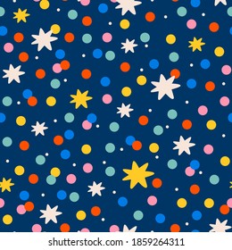 Hand-drawn seamless pattern with confetti. Great for wrapping paper design, fabric, textile. Birthday print. Christmas and New Year background