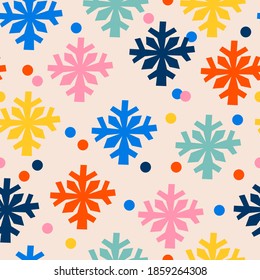 Hand-drawn seamless pattern with confetti and snowflakes. Great for wrapping paper design, fabric, textile. Christmas and New Year background