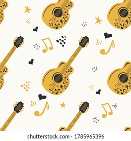 Handdrawn seamless pattern with country music symbols - notes, guitar, stars and elements.
