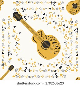 Handdrawn seamless pattern with country music symbols - notes, guitar, stars and elements.