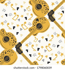 Handdrawn seamless pattern with country music symbols - notes, guitar, stars and elements.