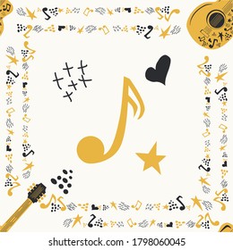 Handdrawn Seamless Pattern With Country Music Symbols - Notes, Guitar, Stars And Elements.