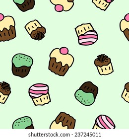 Hand-drawn seamless pattern of cups of coffee and cupcakes, vector image