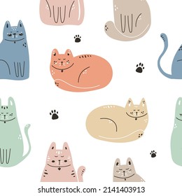 Hand-drawn seamless pattern with cute cats on a white background in Scandinavian style. Baby texture for fabric, wallpaper, clothes and room.