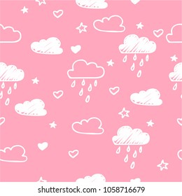 Hand-drawn seamless pattern with cute clouds, raindrops on a pink.