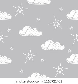 Hand-drawn seamless pattern with cute clouds, stars on a gray background.