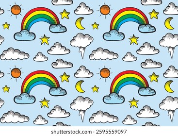 Hand-drawn seamless pattern with cute clouds, star and rainbow