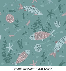 Hand-drawn seamless pattern, cute fishes on a green background.  Suitable for fabric, interior, wrapping paper.