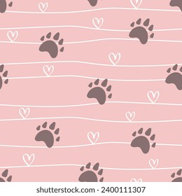 Hand-drawn seamless pattern with cute footprint and love. Bear footprint. For print designs, wallpaper, wrapping paper, fabric, textile 
