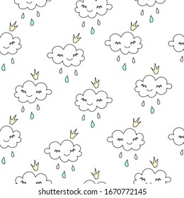 Patrón impecable dibujado a mano con las nubes kawaii lindas, coronas, gotas de lluvia 
