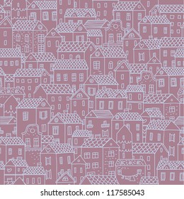 Hand-drawn seamless pattern with cute town. Vector texture with small houses.