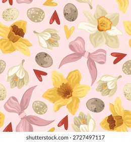 Dibujado a mano patrón sin fisuras con flores de narciso y crocus y huevos de pájaro y corazones y arco, fondo floral de Pascua