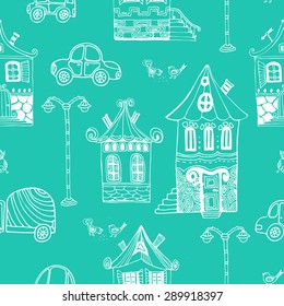 Hand-drawn seamless pattern with decorative  houses , vector illustration in vintage style