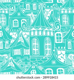Hand-drawn seamless pattern with decorative  houses , vector illustration in vintage style