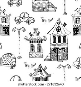 Hand-drawn seamless pattern with decorative  houses , vector illustration in vintage style