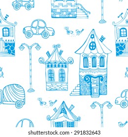 Hand-drawn seamless pattern with decorative  houses , vector illustration in vintage style