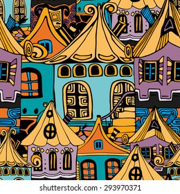 Hand-drawn seamless pattern with decorative  houses, vector illustration in vintage style