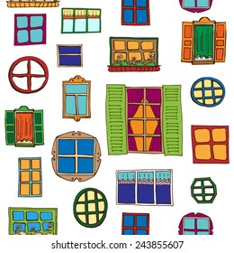 Hand-drawn seamless pattern with different colorful windows on the white background. Architectural composition.