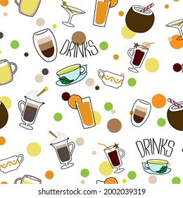 Handdrawn seamless pattern with different kind of drinks