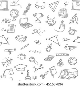 Hand-drawn seamless pattern with different school objects. Line art repeated background wit h study equipment, school bus, marks, drawings etc.