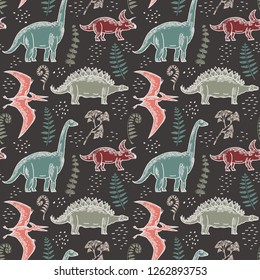 Hand-drawn seamless pattern with dinosaurs and fern leaves, gingo biloba. Vector illustration in chalk.