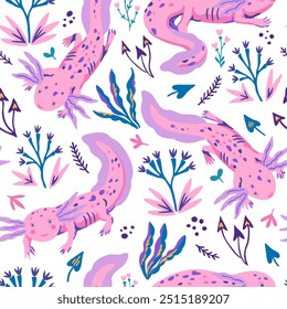 Hand-drawn seamless pattern with doodle axolotles and plants. Cute vector illustration in modern style in delicate pastel colors.