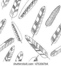 Hand-drawn seamless pattern with doodle feathers. Sketch style, trendy boho chic. Tribal template