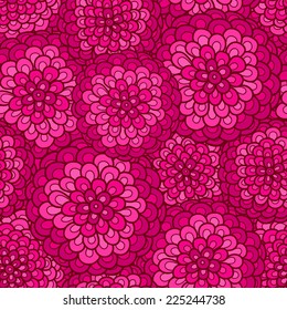 Hand-drawn seamless pattern with doodle pink flowers. Vector background.