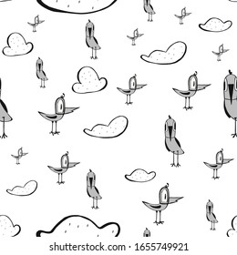 hand-drawn seamless pattern with doodles birds and clouds You can use infinite texture to print on fabric, web page background, and paper or invitation.