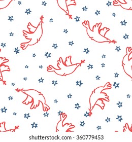 Handdrawn seamless pattern with dove and stars on white background. Vector illustration.