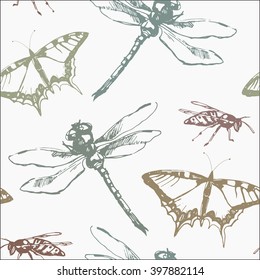 Hand-drawn seamless pattern with dragonfly, butterfly and wasp. Vector elements.