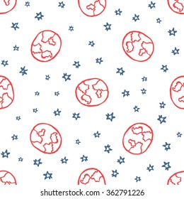 Handdrawn seamless pattern with Earth and stars on white background. Vector illustration.