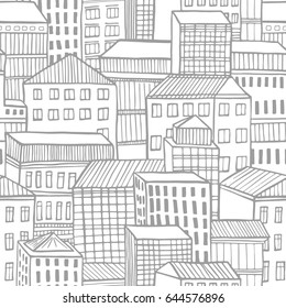 Hand-drawn seamless  pattern with european town. Vector illustration in black and white.