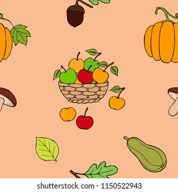 Hand-drawn seamless pattern of Fall Harvest illustrations. Vector colorful cartoon background. Autumn conception.