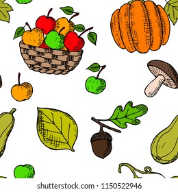 Hand-drawn seamless pattern of Fall Harvest illustrations. Vector colorful cartoon background. Autumn conception.