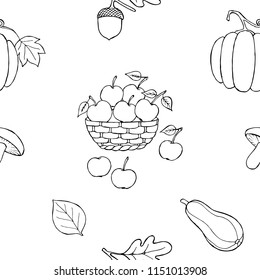 Hand-drawn seamless pattern of Fall Harvest illustrations. Vector cartoon background. Autumn conception.