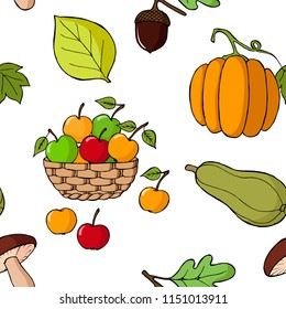 Hand-drawn seamless pattern of Fall Harvest illustrations. Vector cartoon background. Autumn conception.