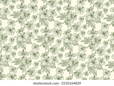 hand-drawn seamless pattern features hibiscus flowers with a vintage touch, blending classic elegance with timeless charm. The intricate details and retro style make it perfect