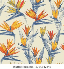 Padrão sem emenda desenhado à mão apresentando pássaros de flores do paraíso com linhas de esboço expressivas. Ilustração floral tropical com pétalas laranja vibrante e amarelas, folhas azuis profundas e um creme macio