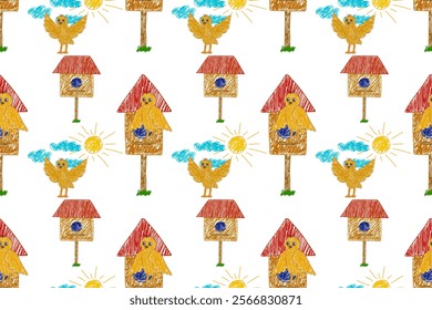 Hand-drawn seamless pattern featuring colorful birds, birdhouses, suns, and clouds on a white background.