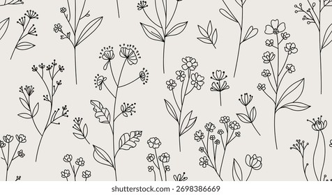 Hand-drawn seamless pattern featuring delicate outline wildflowers and leaves, creating a soft botanical background.