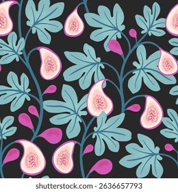 Hand-drawn seamless pattern featuring fig branches and fruits. Ripe pink figs and green fig leaves are set against a black background.