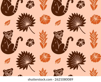 Hand-drawn seamless pattern featuring lemur, palm leaf, hibiscus flower, and tropical foliage. Pen imitation doodle perfect for jungle-themed design and summer decor.