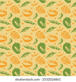 A hand-drawn seamless pattern featuring mango fruits and leaves is a unique and creative design that can be used in various projects. Perfect for print, textile, interior design, advertising, and more