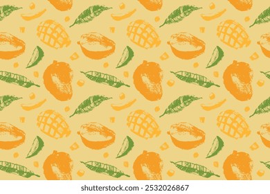 A hand-drawn seamless pattern featuring mango fruits and leaves is a unique and creative design that can be used in various projects. Perfect for print, textile, interior design, advertising, and more