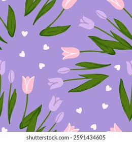Hand-drawn seamless pattern featuring pink and purple tulips with green leaves on a pastel purple background, accented with small white hearts.