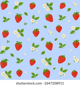 Hand-drawn seamless pattern featuring ripe red strawberries, small white flowers, and green leaves on a light blue background. Cute vintage-style fruit design perfect for kitchen textiles, packaging.